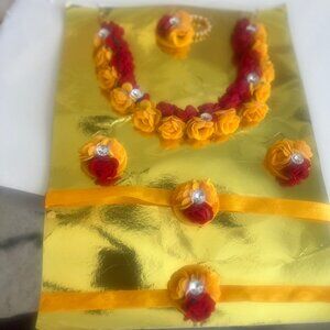 Haldi Floral Jewellery Set, Yellow and Red Flower Jewelry,